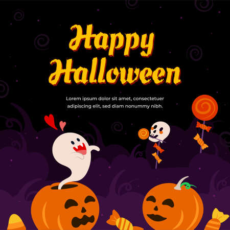 Horror Happy Halloween greeting design with pumpkins, cute spooky ghost, skull, candies lollipop vector illustration.のイラスト素材