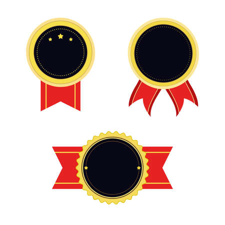 Yellow gold award winner medal badge with red ribbon set flat style vector. Place your text in blank empty space.のイラスト素材