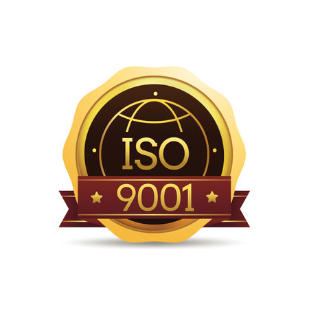 Golden gradient ISO 9001 guarantee seal label badge design with ribbon, globe international earth icon.のイラスト素材