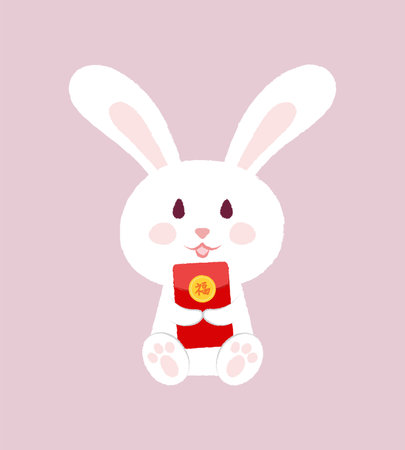 rabbit sitting pose holding red envelope money packet illustration vector.のイラスト素材
