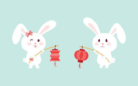 Cute male female rabbit holding lantern. Paint brush flat style illustration vector. Asia culture lantern festival, mooncake festival.のイラスト素材