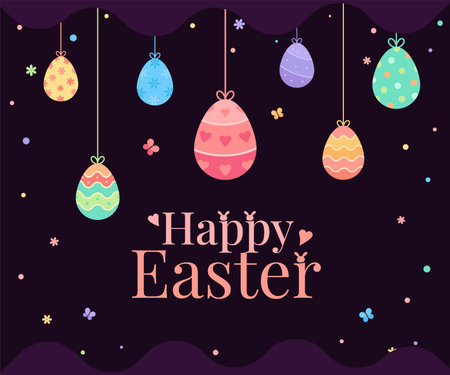 Happy Easter holiday banner with easter greetings and hanging colorful easter eggs. Vector illustration.のイラスト素材