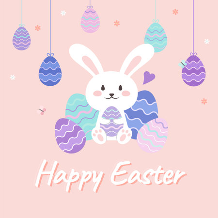 Happy Easter bunny holding egg greeting post banner template illustration. Simple cute clean style soft pastel color hanging ball decoration eggs background.のイラスト素材