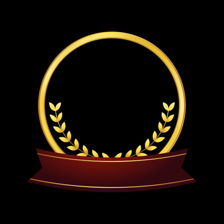 Golden laurel wreath award winning with ribbon. Simple classic badge label medal.のイラスト素材