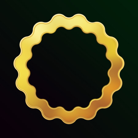 Gold Glossy curly wave frames or badges gradient realistic vector illustration. Empty golden wavy border isolated.のイラスト素材