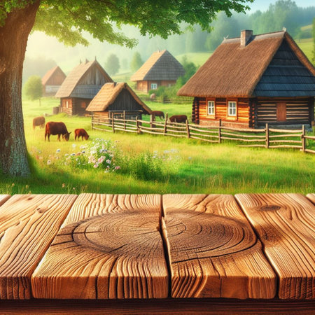 Empty wooden table for product display montages. Wooden floor in front of countryside landscape.の素材