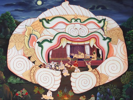 Traditional Thai style art painting on temple's wall (Ramayana story).Generality in Thailand, any kind of art decorated in Buddhist church, temple pavilion, temple hall, monk's house etc. created with money donated by people to hire artist. They are publiの写真素材