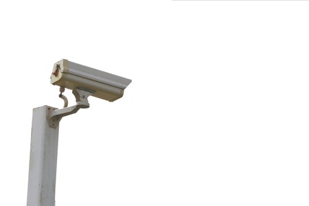 Security cctv camera on steel pole isolated on white background