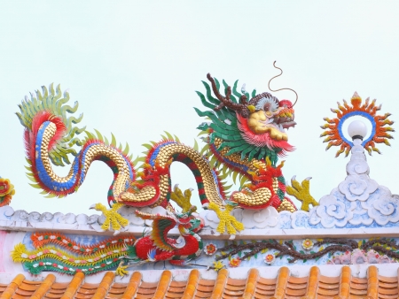 chinese dragon on top temple roofの写真素材