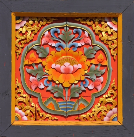 Bhutanese Art Timber logo on windows in Bhutan temple の写真素材