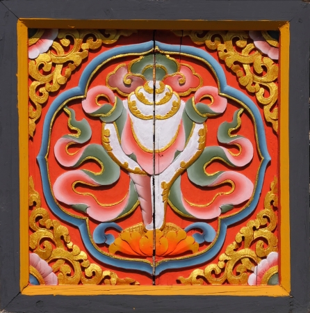 Bhutanese Art Timber logo on windows in Bhutan temple の写真素材