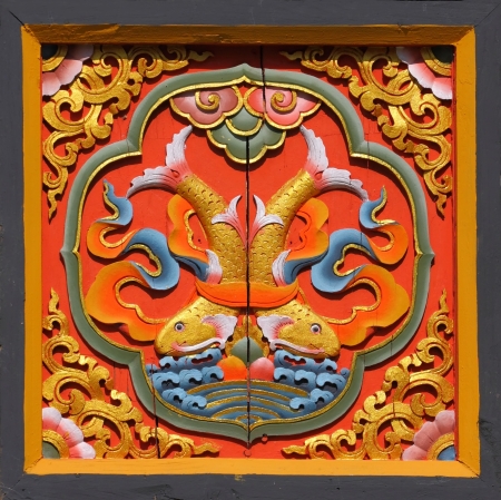 Traditional Bhutanese style Art on window in Bhutan temple の写真素材