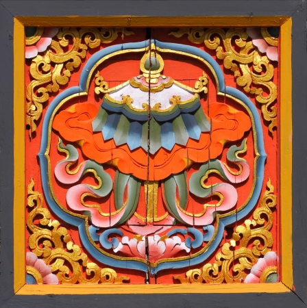 Traditional Bhutanese style Art on window in Bhutan temple の写真素材