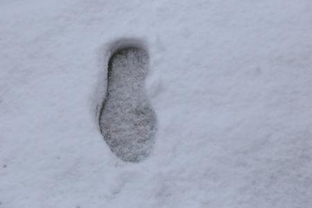 human footprint on the first white snow.の写真素材