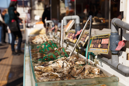 Sapporo, Japan - October 25, 2017: A Variety of seafood along the street at Otaru-shi, Hokkaido, Japan.のeditorial素材