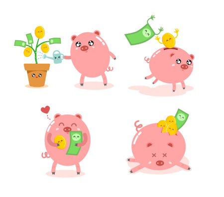 Piggy Bank in Cute Cartoon Characterのイラスト素材