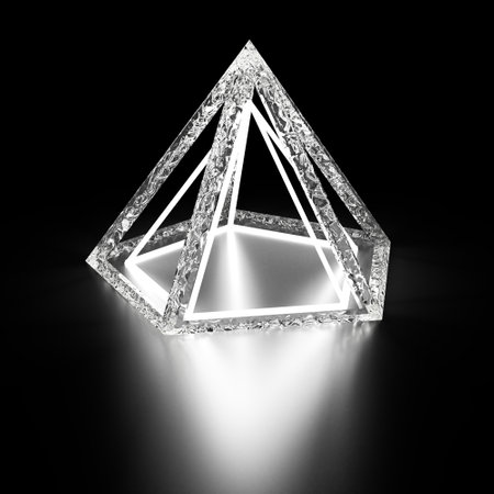 3D rendering of triangle pyramid lamp with polygon shape bottom. Isolated in dark environment and black backgroundの写真素材