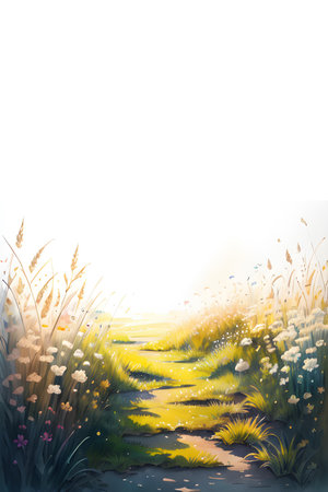 Spring landscape with grass, flowers and dirt road. white space. Ai generated watercolor illustration.の素材