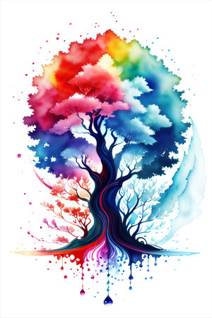 Abstract tree with colorful watercolor splashes. An illustration for your design. AI genrated illustration.の素材