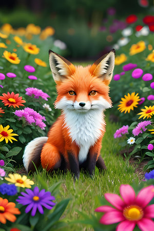 Red fox sitting in the garden with flowers. Cute animal. AI generative illustration.の素材