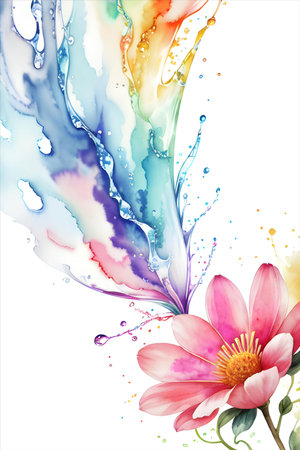 Watercolor painting of flowers and color splashes. Ai generated illustration.の素材