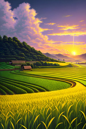 Rice field in the morning with sun and clouds. AI generated illustration.の素材