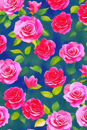 A pattern with pink roses on a blue background. Watercolor illustration.の素材
