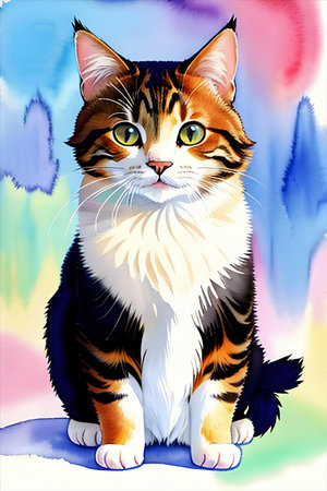 Cute cat sitting on a colorful background. Watercolor illustration. AI generative.の素材
