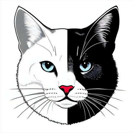 Black and white cat with blue eyes and red nose. An ai generated illustration for your designの素材