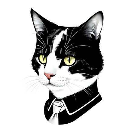 Black and white cat with a necktie and black shirt on a white background. ai generative.の素材