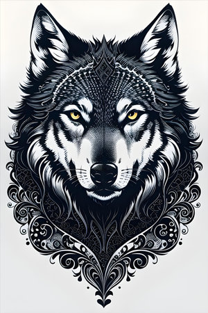 Wolf head with tribal ornament. Tattoo art. ai generated illustration.の素材