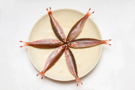 small fish prepared for cook on a plate on white background