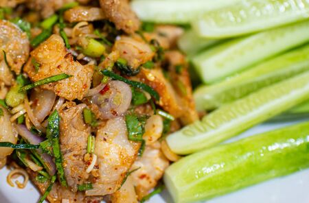 Spicy minced pork in a green vegetable dish, closeupの写真素材