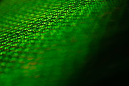 A surface with a mesh pattern of green yarn as a background.の写真素材