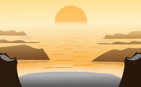 Seascape vector background, landscape mountains and sunset. Panorama of sunsetのイラスト素材