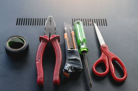 Set of Used electrical tools Professional for technician on top view on modern backgroundの写真素材