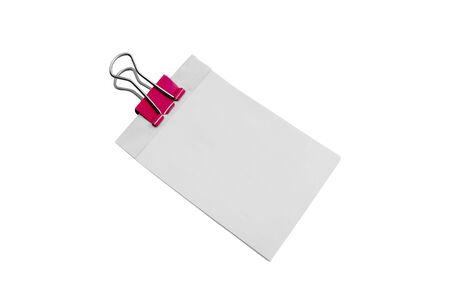White Note paper and red clips isolated white background