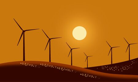 Silhouette wind turbines on mountain farmland grass field with sunset sky background. Vector illustration Designのイラスト素材