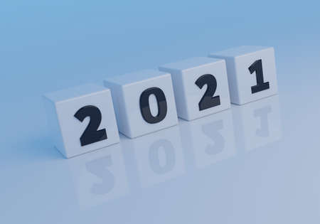 Numbers of 2021 black color on a square box. 3D rendering illustration design. The concept of Happy...