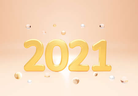3D render 2021 font New Year 21 concept for a happy new year, typography and balloon gold glass color  style design on golden backgroundの写真素材