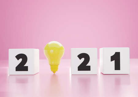 Numbers of 2021 black color on a square box and Yellow light bulb. 3D rendering illustration design. The concept idea of Happy New Year with text font since 2021 on pink backgroundの写真素材