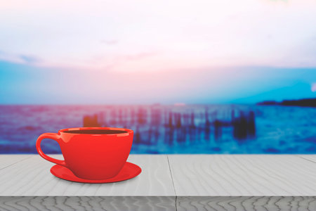 Coffee red cup on the white wood table with sea Beach view vintage style dusk blue with copy space nobody.の写真素材