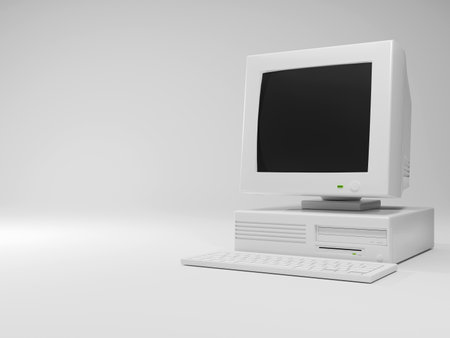 Computer old vintage pc desktop retro with black monitor screen and case 3D rendering illustration design on a white background. programmer for programming concepts.の写真素材