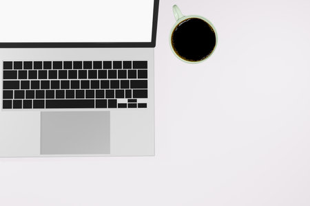 Top view of workspace 3D rendering with laptop notebook computer and coffee on a white background. Flat lay 3D illustration designの写真素材