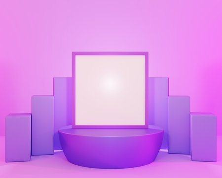 3d geometric podium shape or step stand product show with a picture frame and white display mockup colorful purple background, 3D rendering illustration showcase.の写真素材