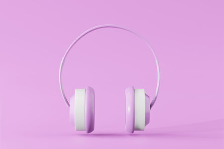 3D audio headphones white purple with music sound headset earphones abstract on purple background. Concept music audio 3D rendering illustration.の写真素材
