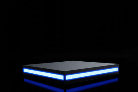 Empty neon light podium with line gradient neon line on the background dark. 3d rendering illustration abstract light cyberpunk style conceptの写真素材