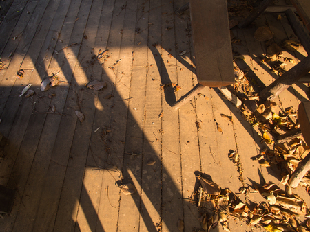 Chair on a Wooden Floor with Leaves in Abandoned Restaurantの写真素材