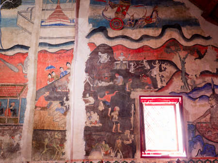 The Frescoes Depicting Ancient Cultures are Beside The Window in The Church in Nan Province in The North of Thailandのeditorial素材