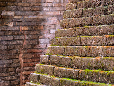 Abstract of Side View of Ancient Bricks Wall in Underground Temple Chiang Mai Provinceの写真素材